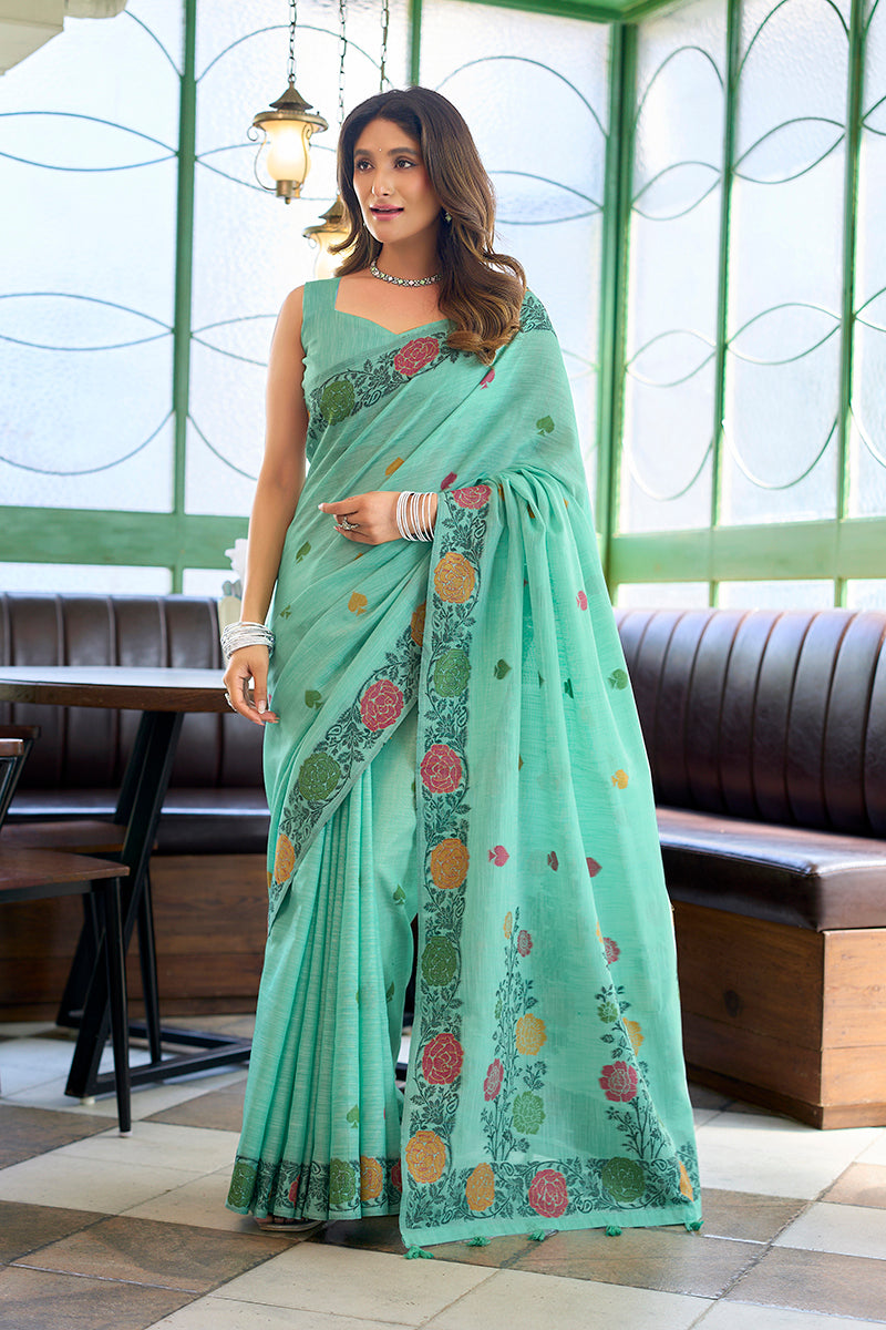 Monjolika Fashion Turquoise Floral Printed Linen Jacquard Saree with unstiched Blouse Piece | Grocsy