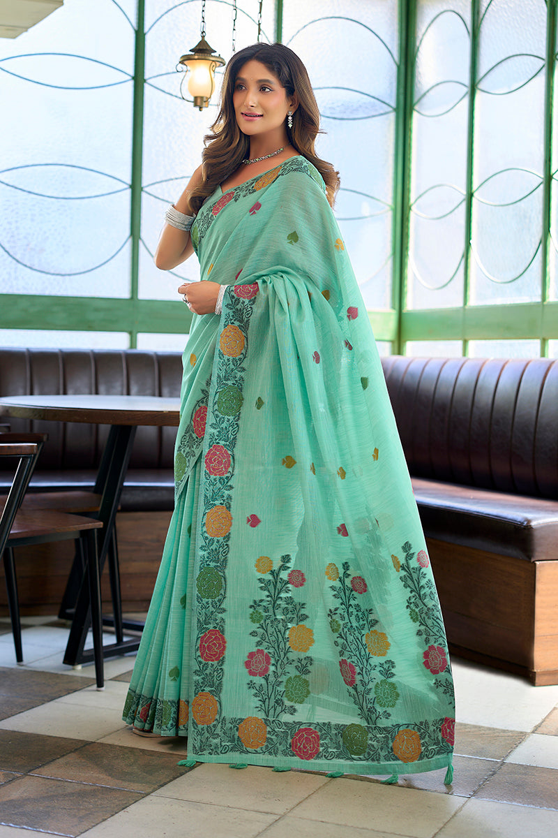 Monjolika Fashion Turquoise Floral Printed Linen Jacquard Saree with unstiched Blouse Piece | Grocsy