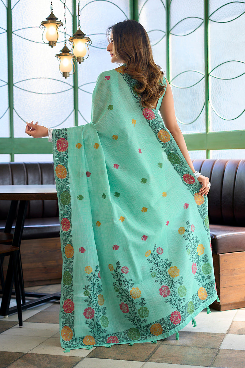 Monjolika Fashion Turquoise Floral Printed Linen Jacquard Saree with unstiched Blouse Piece | Grocsy