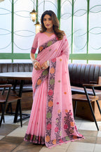 Monjolika Fashion Pink Floral Printed Linen Jacquard Saree with unstiched Blouse Piece | Grocsy