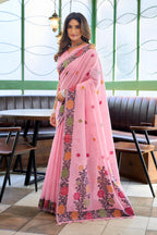 Monjolika Fashion Pink Floral Printed Linen Jacquard Saree with unstiched Blouse Piece | Grocsy
