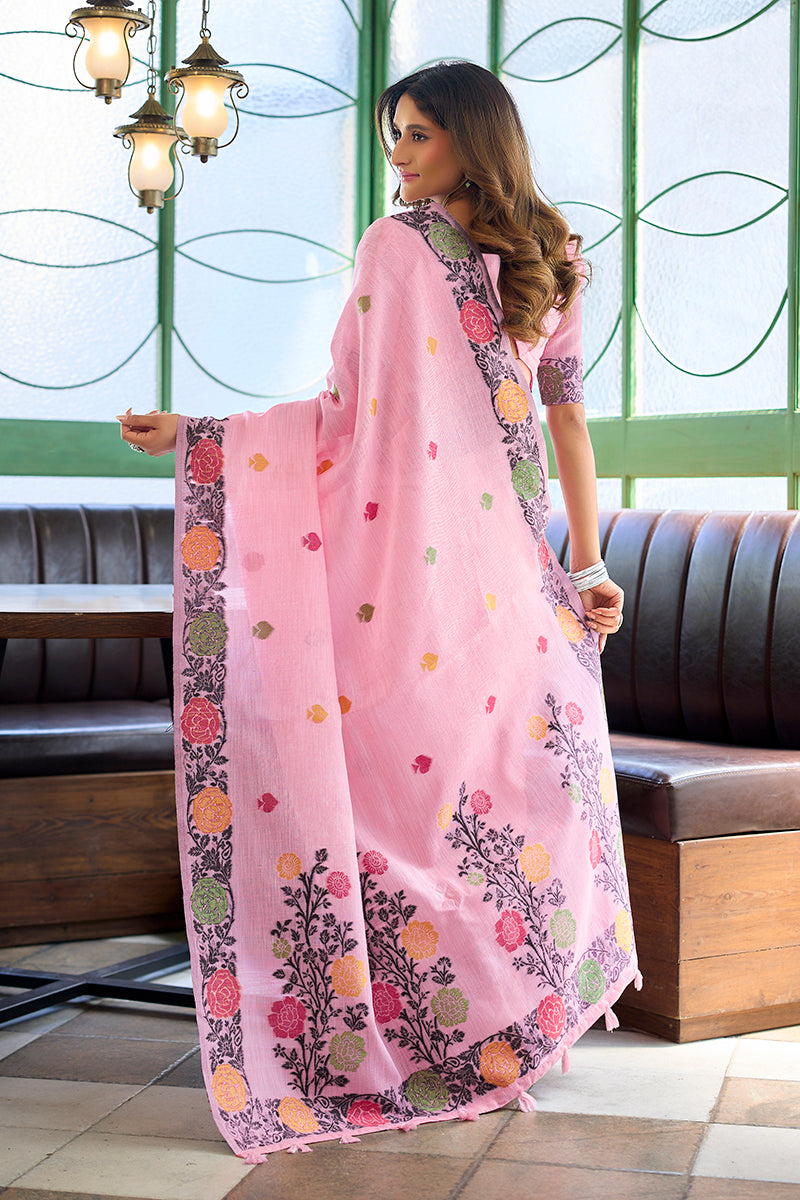 Monjolika Fashion Pink Floral Printed Linen Jacquard Saree with unstiched Blouse Piece | Grocsy