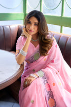 Monjolika Fashion Pink Floral Printed Linen Jacquard Saree with unstiched Blouse Piece | Grocsy