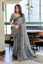 Monjolika Fashion Grey Floral Printed Linen Jacquard Saree with unstiched Blouse Piece | Grocsy