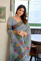 Monjolika Fashion Grey Floral Printed Linen Jacquard Saree with unstiched Blouse Piece | Grocsy