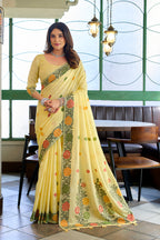Monjolika Fashion Light Yellow Floral Printed Linen Jacquard Saree with unstiched Blouse Piece | Grocsy