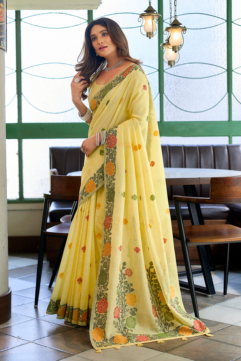 Monjolika Fashion Light Yellow Floral Printed Linen Jacquard Saree with unstiched Blouse Piece | Grocsy