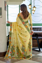 Monjolika Fashion Light Yellow Floral Printed Linen Jacquard Saree with unstiched Blouse Piece | Grocsy