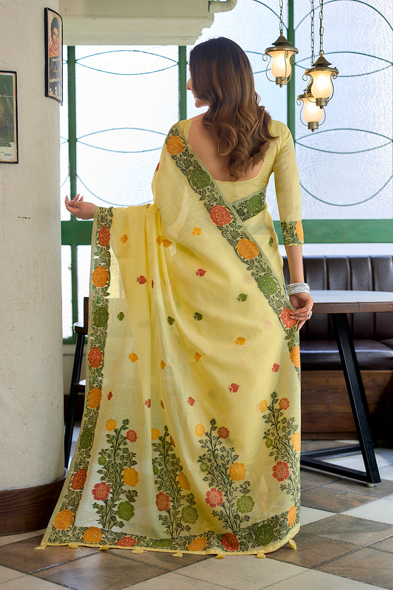 Monjolika Fashion Light Yellow Floral Printed Linen Jacquard Saree with unstiched Blouse Piece | Grocsy