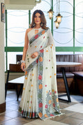 Monjolika Fashion Off White Floral Printed Linen Jacquard Saree with unstiched Blouse Piece | Grocsy