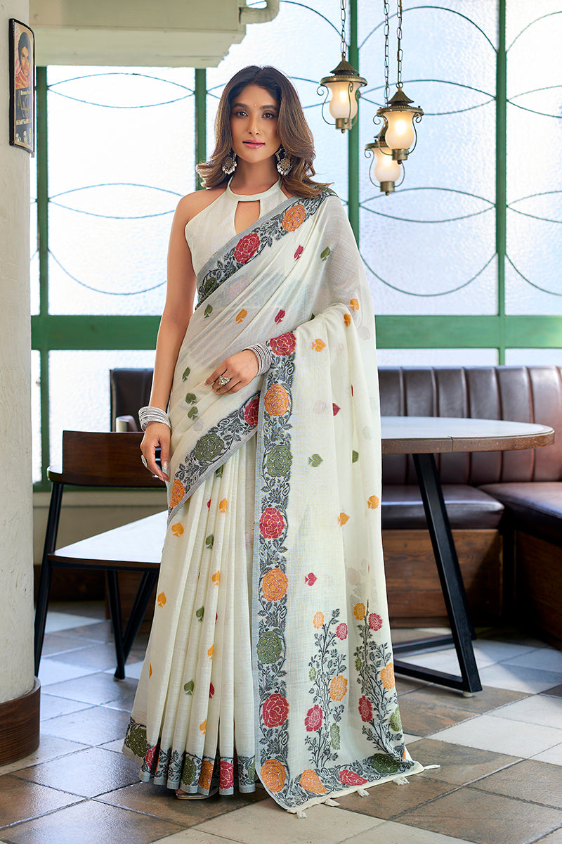Monjolika Fashion Off White Floral Printed Linen Jacquard Saree with unstiched Blouse Piece | Grocsy