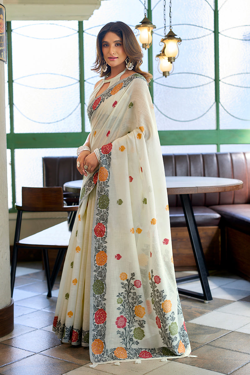 Monjolika Fashion Off White Floral Printed Linen Jacquard Saree with unstiched Blouse Piece | Grocsy