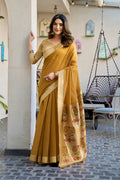 Monjolika Fashion Mustard Cotton Blend Jacquard Saree with Traditional Paithani Pallu | Grocsy