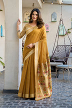 Monjolika Fashion Mustard Cotton Blend Jacquard Saree with Traditional Paithani Pallu | Grocsy