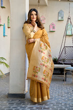 Monjolika Fashion Mustard Cotton Blend Jacquard Saree with Traditional Paithani Pallu | Grocsy
