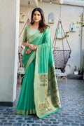 Monjolika Fashion Sea Green Cotton Blend Jacquard Saree with Traditional Paithani Pallu | Grocsy