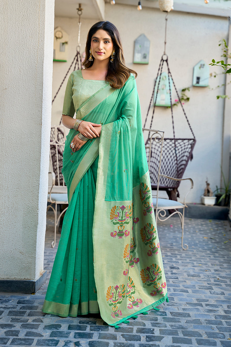 Monjolika Fashion Sea Green Cotton Blend Jacquard Saree with Traditional Paithani Pallu | Grocsy