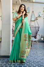 Monjolika Fashion Sea Green Cotton Blend Jacquard Saree with Traditional Paithani Pallu | Grocsy