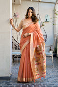 Monjolika Fashion Peach Cotton Blend Jacquard Saree with Traditional Paithani Pallu | Grocsy