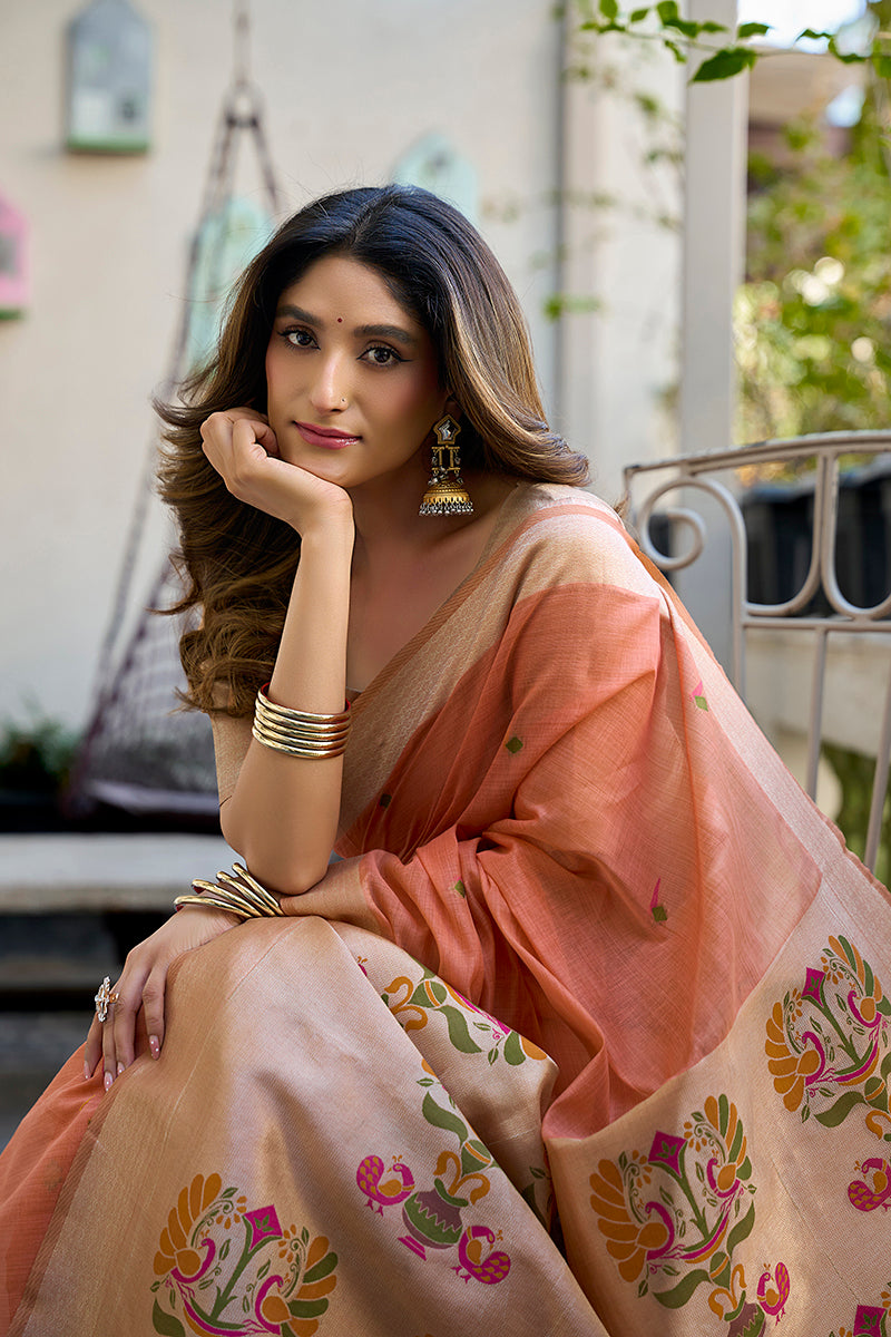 Monjolika Fashion Peach Cotton Blend Jacquard Saree with Traditional Paithani Pallu | Grocsy