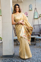 Monjolika Fashion Beige Cotton Blend Jacquard Saree with Traditional Paithani Pallu | Grocsy