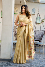 Monjolika Fashion Beige Cotton Blend Jacquard Saree with Traditional Paithani Pallu | Grocsy