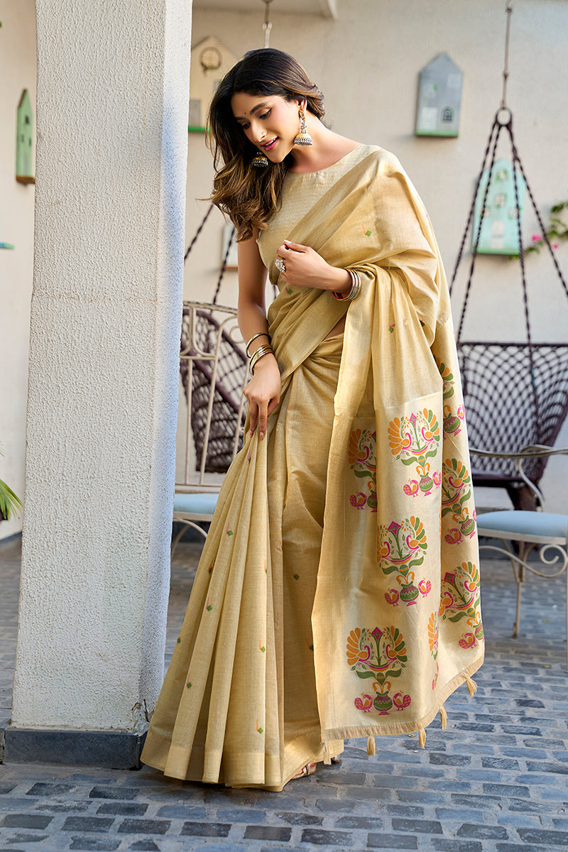 Monjolika Fashion Beige Cotton Blend Jacquard Saree with Traditional Paithani Pallu | Grocsy
