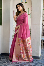 Monjolika Fashion Onion Pink Cotton Blend Jacquard Saree with Traditional Paithani Pallu | Grocsy