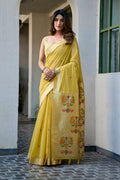Monjolika Fashion Lemon Yellow Cotton Blend Jacquard Saree with Traditional Paithani Pallu | Grocsy