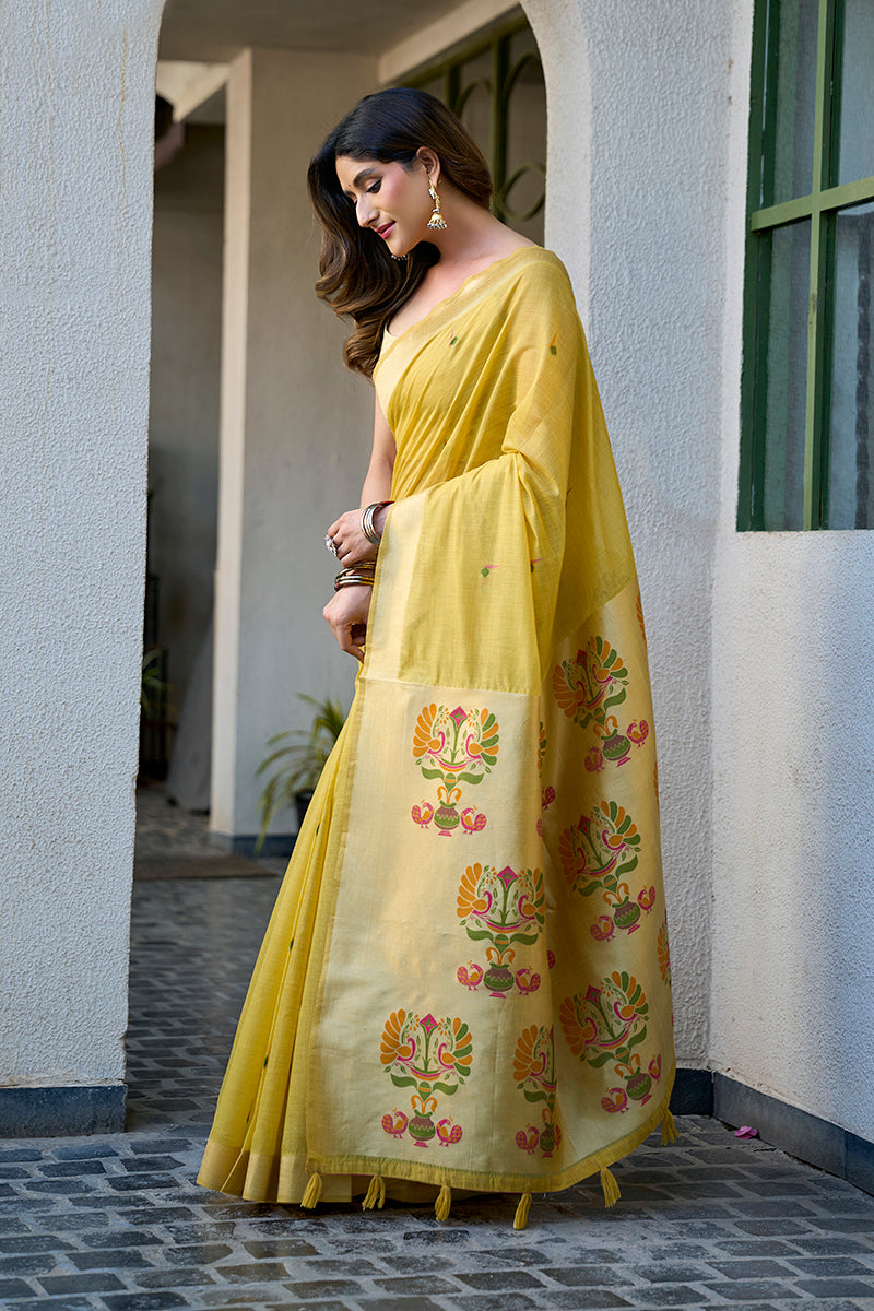 Monjolika Fashion Lemon Yellow Cotton Blend Jacquard Saree with Traditional Paithani Pallu | Grocsy