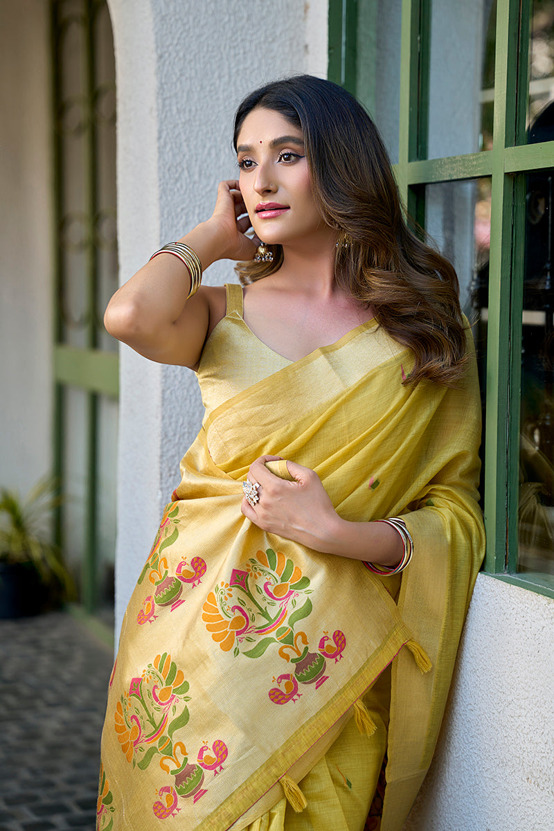 Monjolika Fashion Lemon Yellow Cotton Blend Jacquard Saree with Traditional Paithani Pallu | Grocsy
