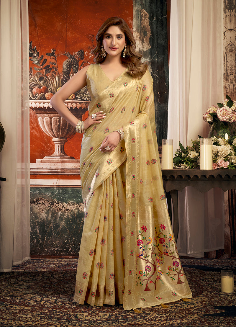 Monjolika Fashion Beige Kota Silk Blend Paithani Saree with Meenakari Floral Bootis | Grocsy