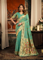 Monjolika Fashion Turquoise Kota Silk Blend Paithani Saree with Meenakari Floral Bootis | Grocsy