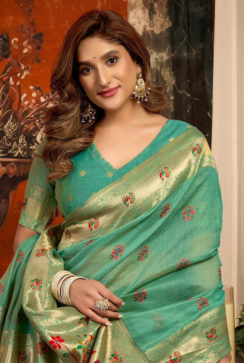Monjolika Fashion Turquoise Kota Silk Blend Paithani Saree with Meenakari Floral Bootis | Grocsy