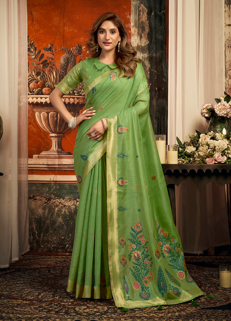 Monjolika Fashion Leaf Green Cotton Blend Saree with Meenakari Work And unstiched Blouse | Grocsy