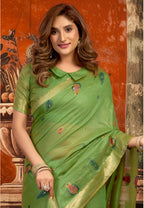 Monjolika Fashion Leaf Green Cotton Blend Saree with Meenakari Work And unstiched Blouse | Grocsy