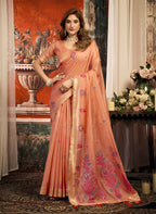 Monjolika Fashion Peach Cotton Blend Saree with Meenakari Work And unstiched Blouse | Grocsy