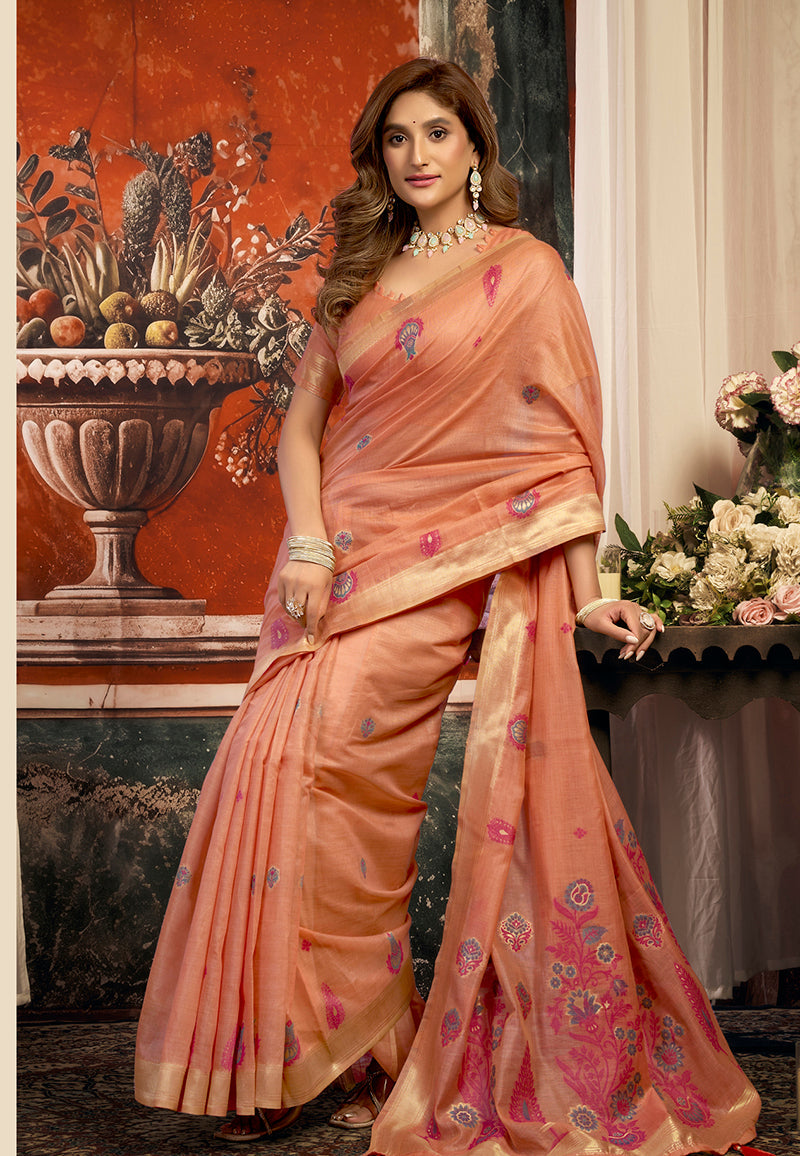 Monjolika Fashion Peach Cotton Blend Saree with Meenakari Work And unstiched Blouse | Grocsy