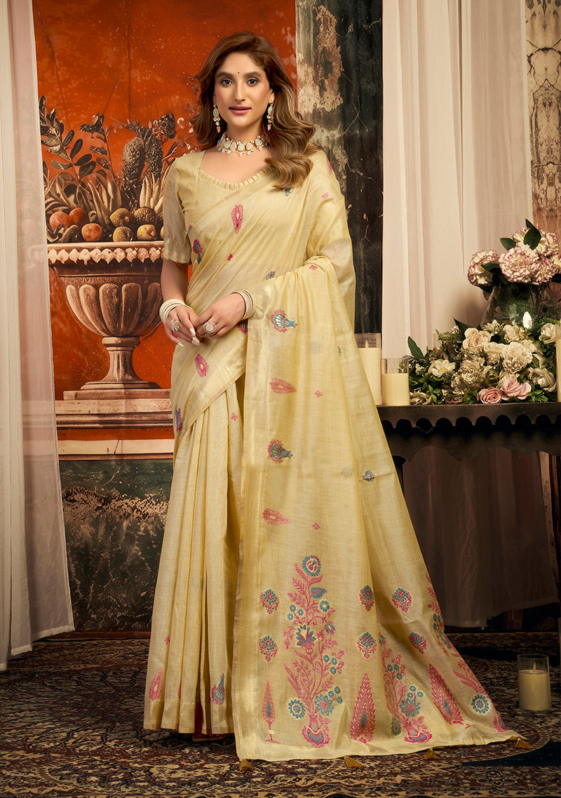 Monjolika Fashion Beige Cotton Blend Saree with Meenakari Work And unstiched Blouse | Grocsy