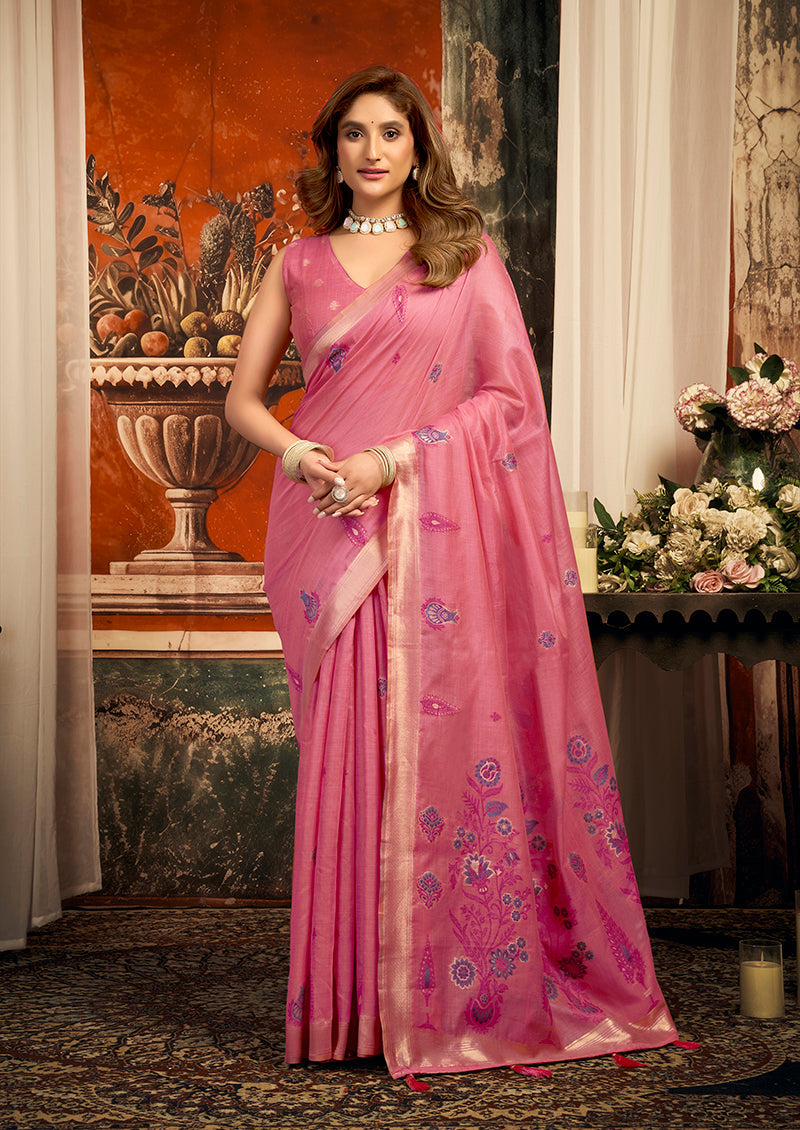 Monjolika Fashion Rose Pink Cotton Blend Saree with Meenakari Work And unstiched Blouse | Grocsy