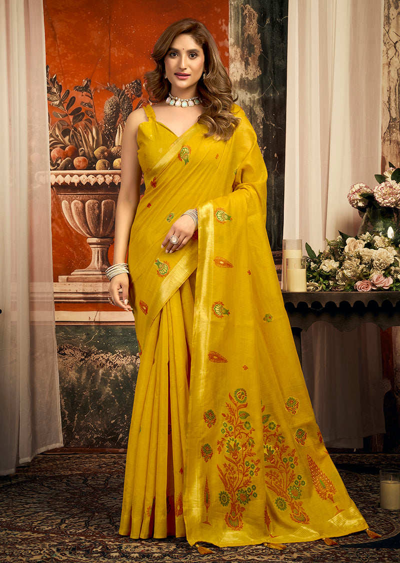 Monjolika Fashion Mustard Cotton Blend Saree with Meenakari Work And unstiched Blouse | Grocsy