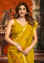 Monjolika Fashion Mustard Cotton Blend Saree with Meenakari Work And unstiched Blouse | Grocsy