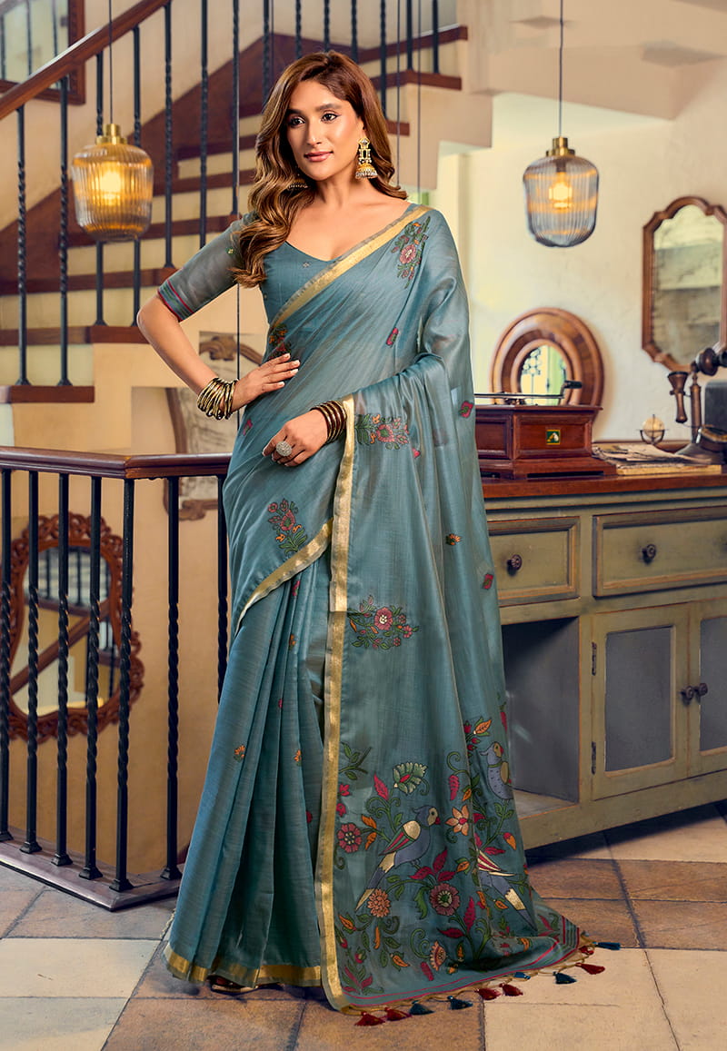 Monjolika Fashion Steel Blue Cotton Blend Saree With Litchi Work & Tassels | Grocsy