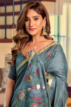 Monjolika Fashion Steel Blue Cotton Blend Saree With Litchi Work & Tassels | Grocsy