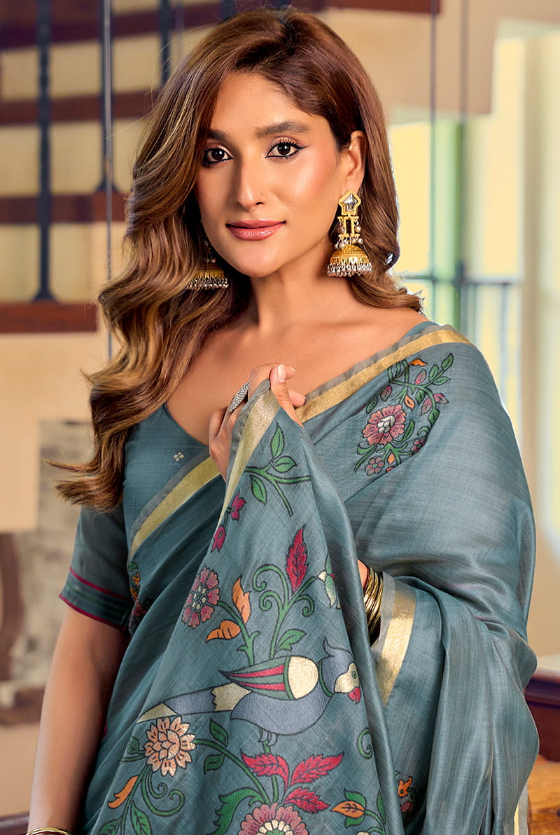 Monjolika Fashion Steel Blue Cotton Blend Saree With Litchi Work & Tassels | Grocsy