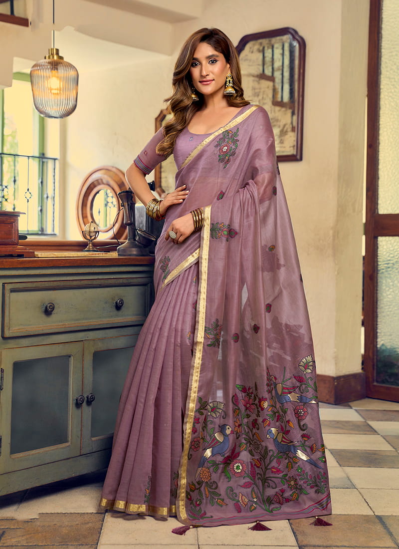 Monjolika Fashion Mauve Cotton Blend Saree With Litchi Work & Tassels | Grocsy
