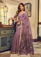 Monjolika Fashion Mauve Cotton Blend Saree With Litchi Work & Tassels | Grocsy
