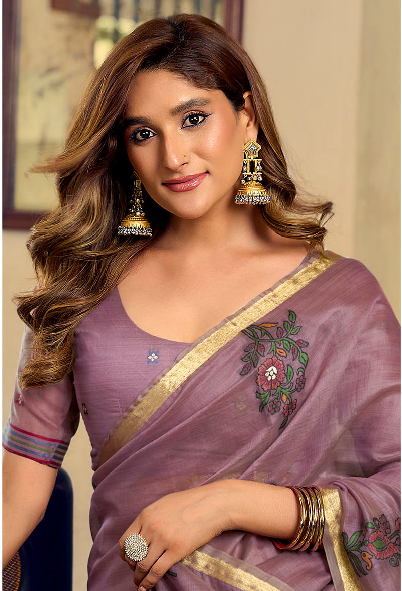 Monjolika Fashion Mauve Cotton Blend Saree With Litchi Work & Tassels | Grocsy