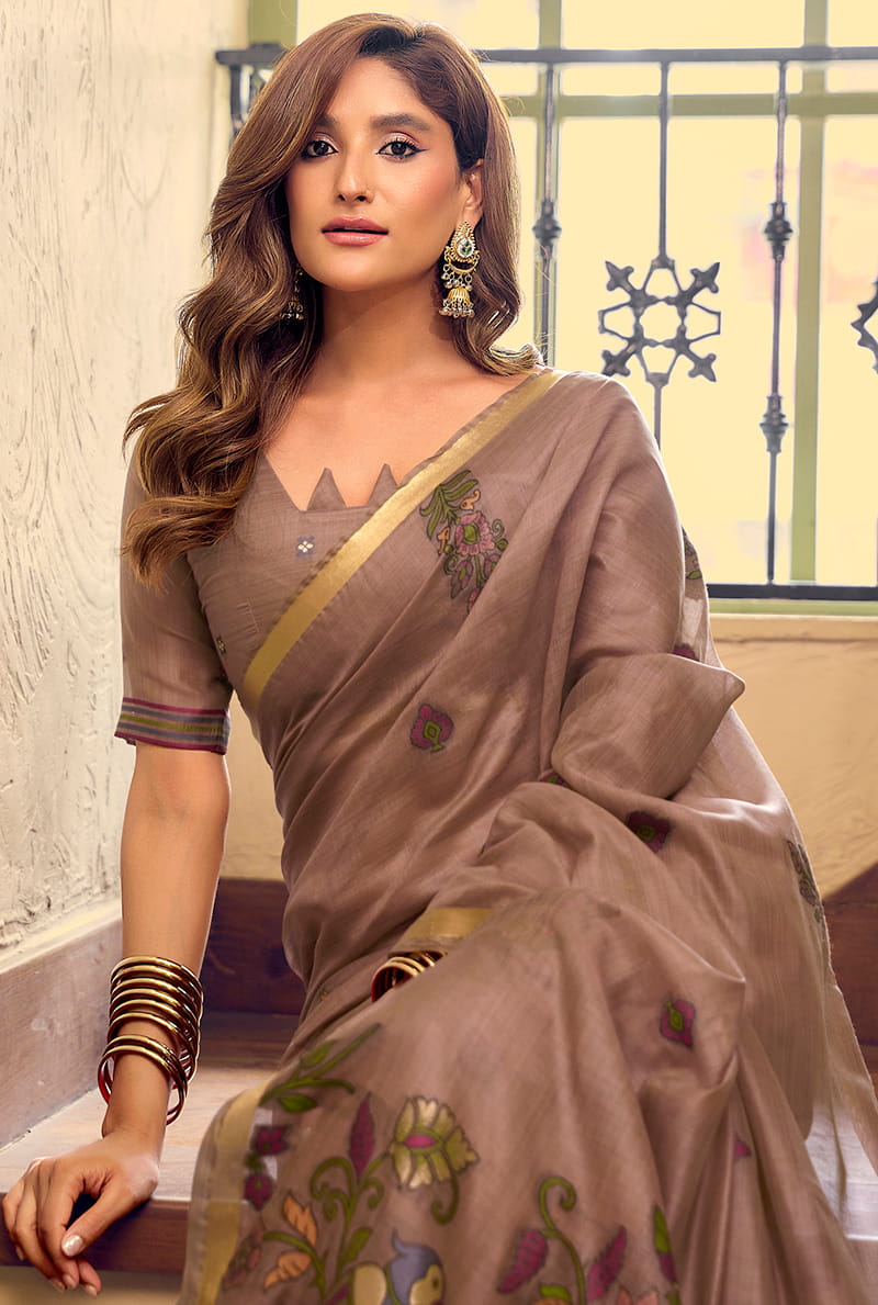 Monjolika Fashion Brown Cotton Blend Saree With Litchi Work & Tassels | Grocsy