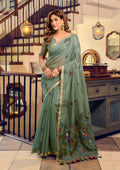 Monjolika Fashion Sage Green Cotton Blend Saree With Litchi Work & Tassels | Grocsy